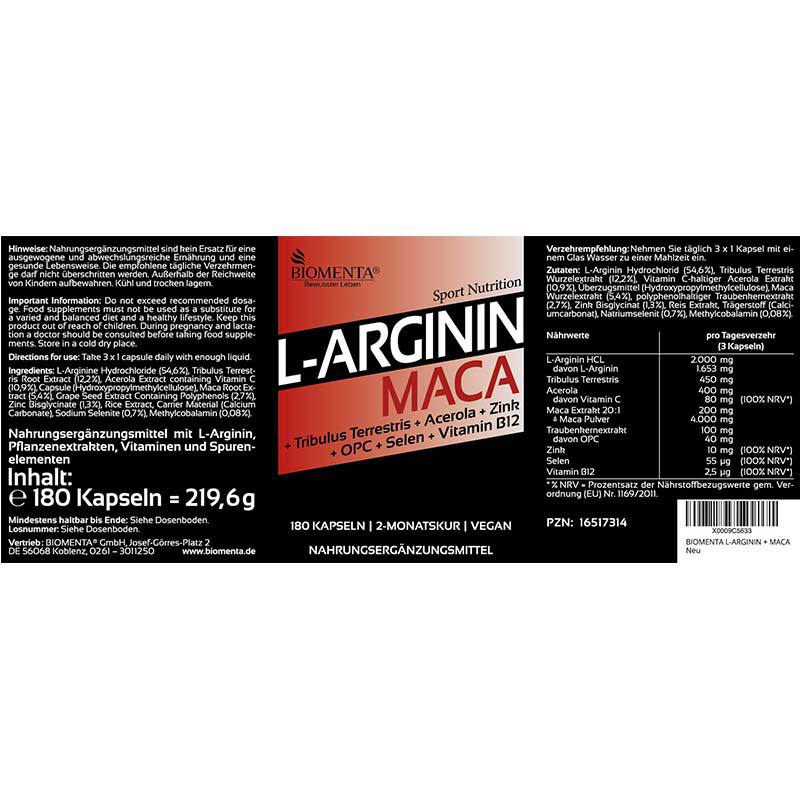 Biomenta L-Arginin + Maca, 180 Kapseln